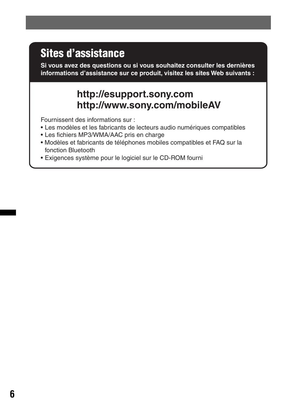Sites d’assistance | Sony DSX-S300BTX User Manual | Page 54 / 152