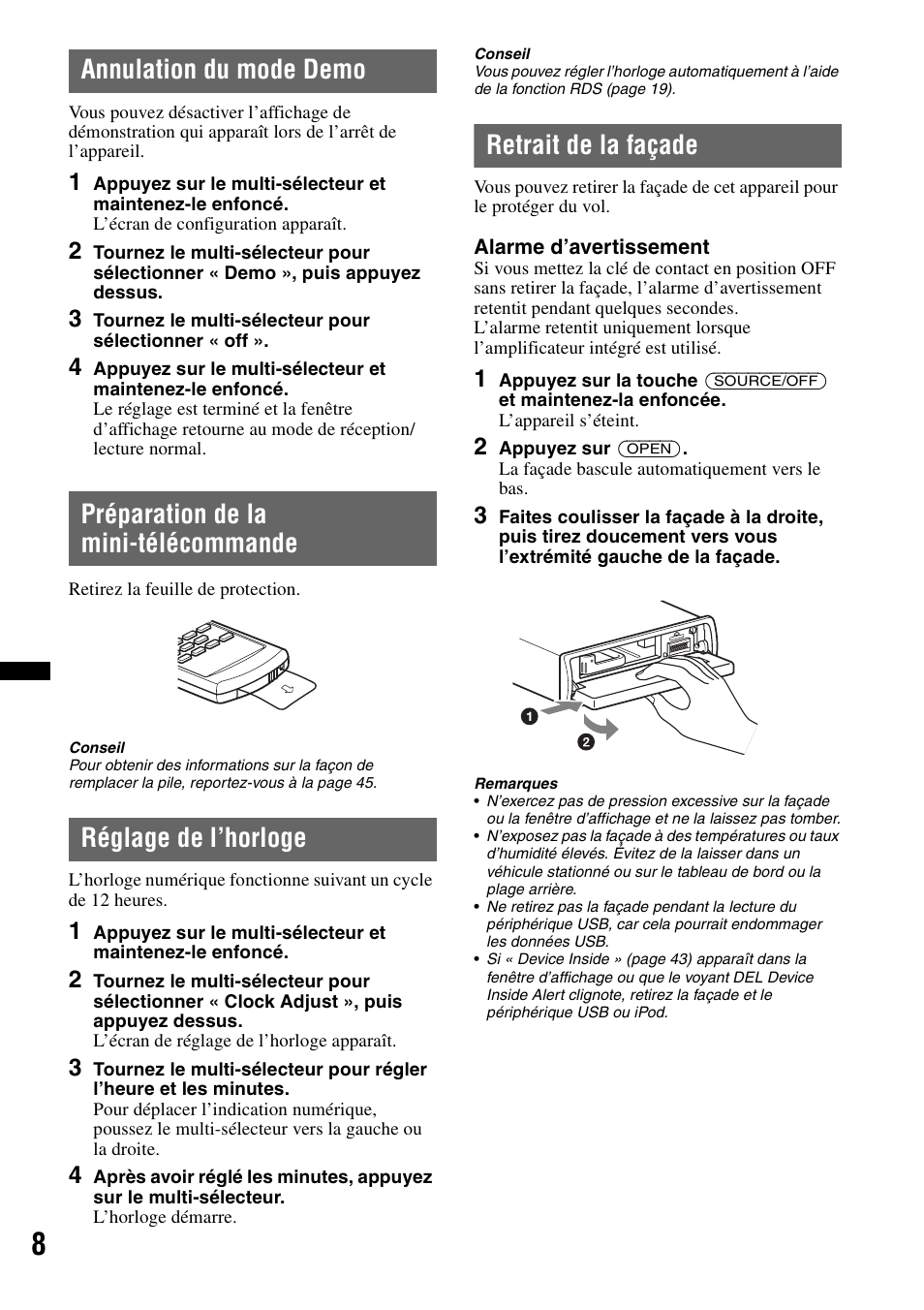 Annulation du mode demo, Préparation de la mini-télécommande, Réglage de l’horloge | Retrait de la façade | Sony DSX-S300BTX User Manual | Page 56 / 152