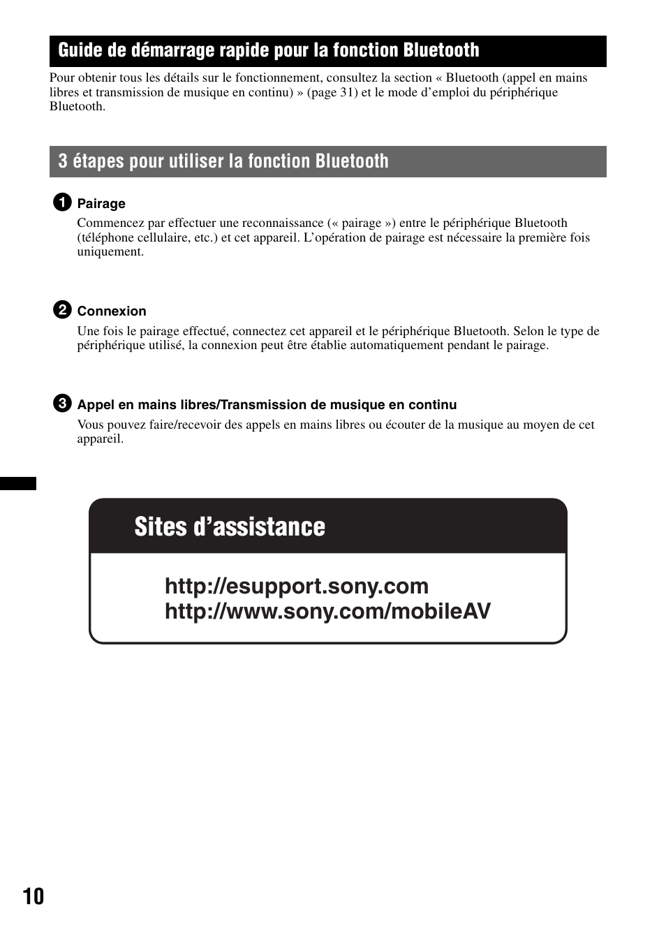 3 étapes pour utiliser la fonction bluetooth, Sites d’assistance | Sony DSX-S300BTX User Manual | Page 58 / 152