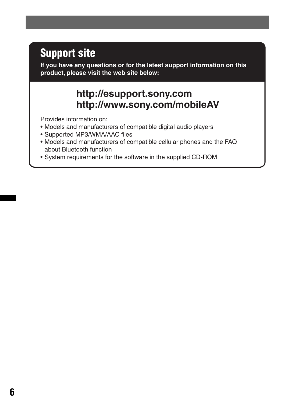 Support site | Sony DSX-S300BTX User Manual | Page 6 / 152