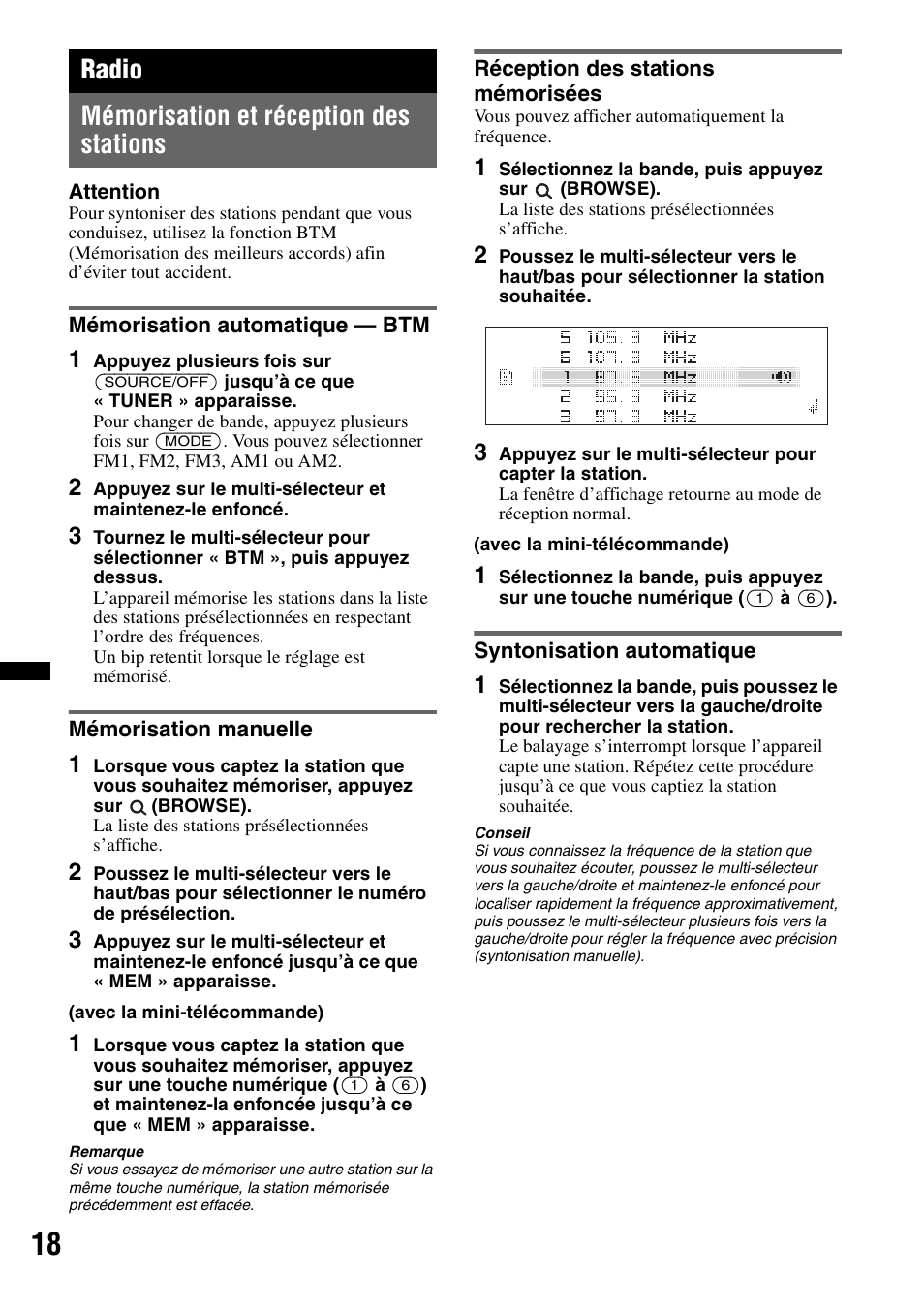 Radio, Mémorisation et réception des stations, Mémorisation automatique - btm | Mémorisation manuelle, Réception des stations mémorisées, Syntonisation automatique, Radio mémorisation et réception des stations | Sony DSX-S300BTX User Manual | Page 66 / 152