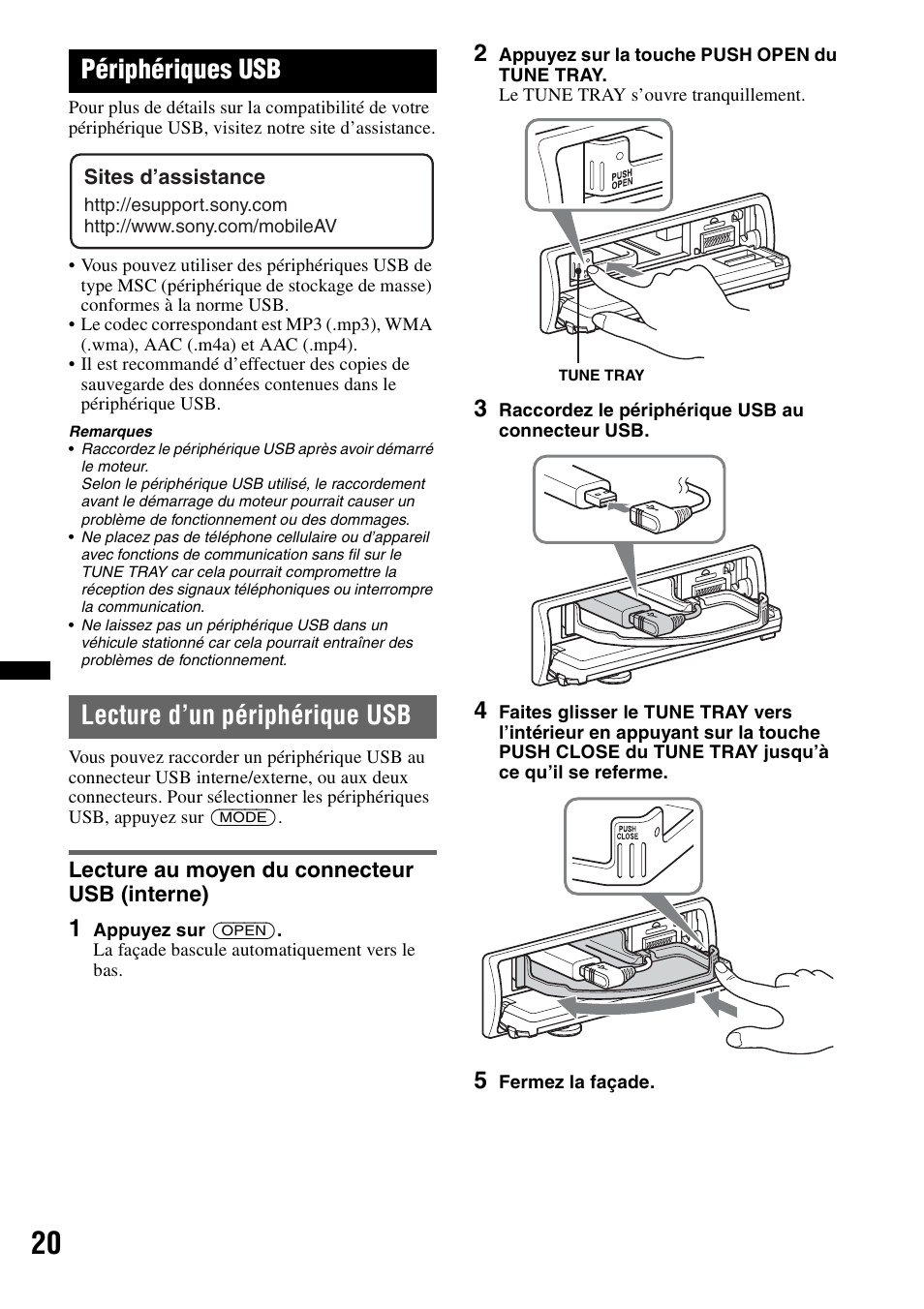 Périphériques usb, Lecture d’un périphérique usb, Lecture au moyen du connecteur usb (interne) | Sony DSX-S300BTX User Manual | Page 68 / 152