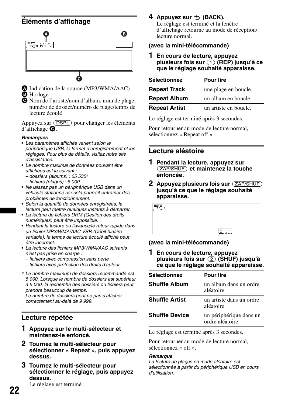 Éléments d’affichage, Lecture répétée, Lecture aléatoire | Sony DSX-S300BTX User Manual | Page 70 / 152