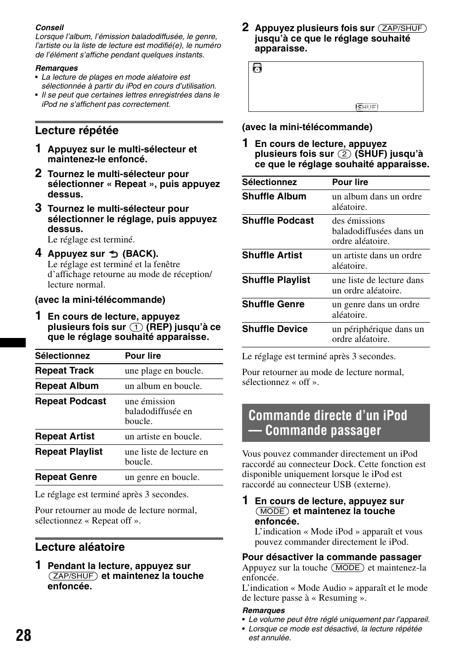 Lecture répétée, Lecture aléatoire, Commande directe d’un ipod - commande passager | Lecture répétée lecture aléatoire, Commande directe d’un ipod — commande passager | Sony DSX-S300BTX User Manual | Page 76 / 152