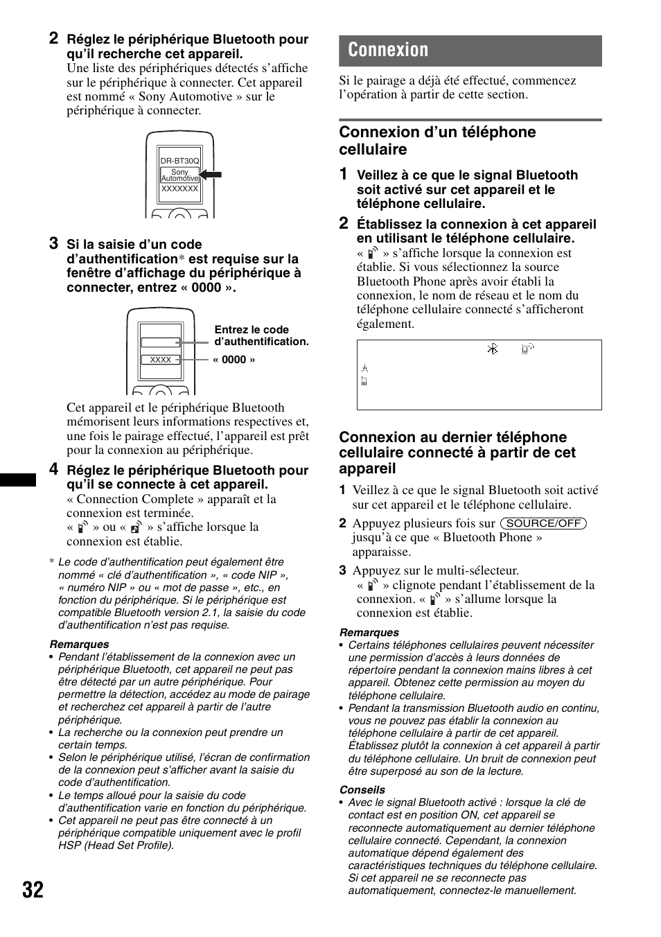 Connexion, Connexion d’un téléphone cellulaire | Sony DSX-S300BTX User Manual | Page 80 / 152