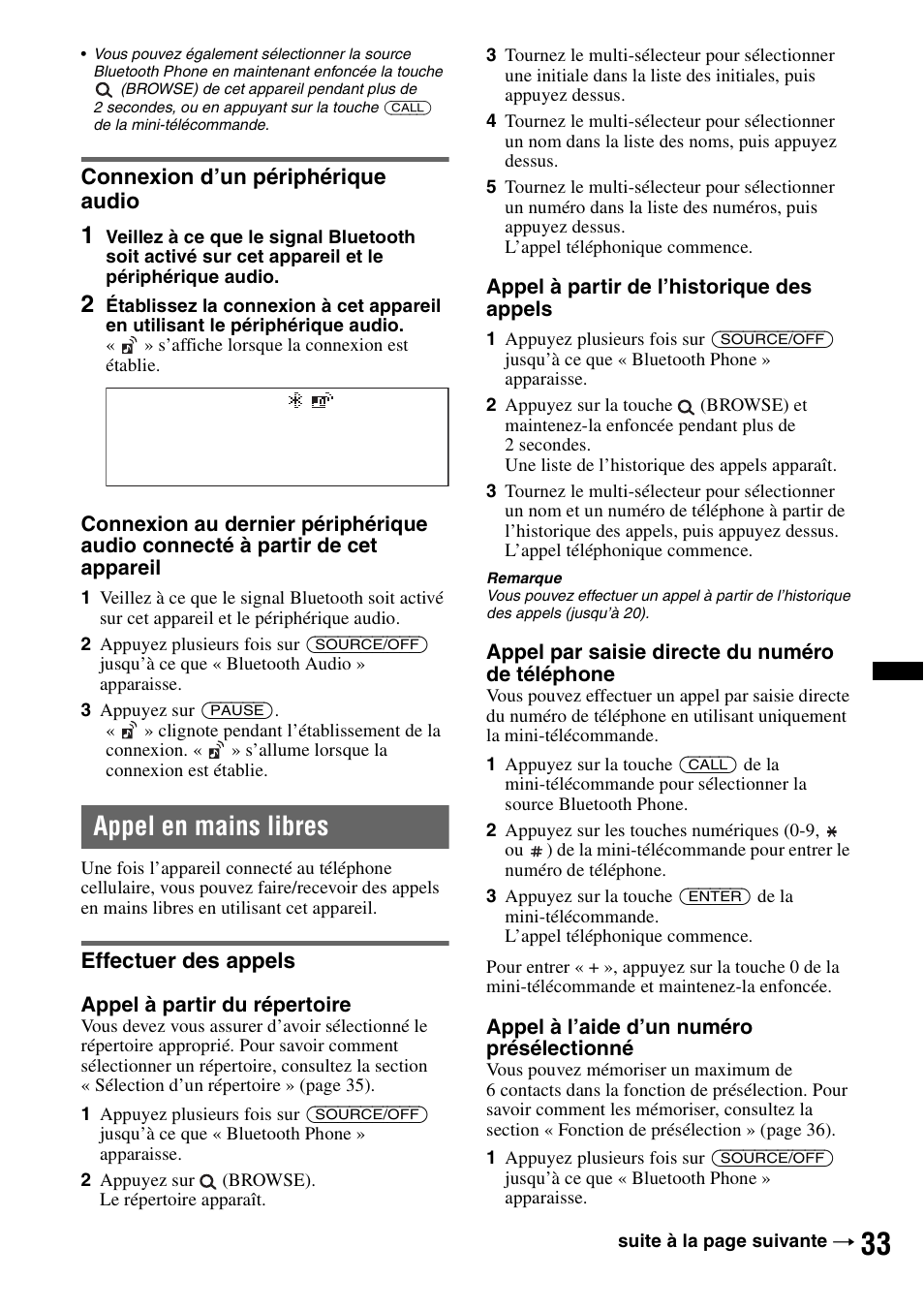 Connexion d’un périphérique audio, Appel en mains libres, Effectuer des appels | Ouche | Sony DSX-S300BTX User Manual | Page 81 / 152