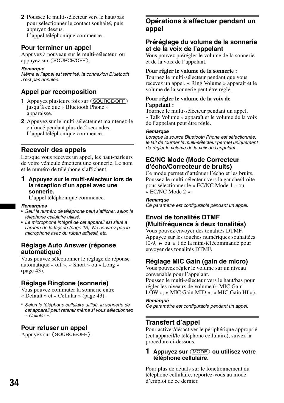 Recevoir des appels, Opérations à effectuer pendant un appel, Transfert d’appel | Sony DSX-S300BTX User Manual | Page 82 / 152
