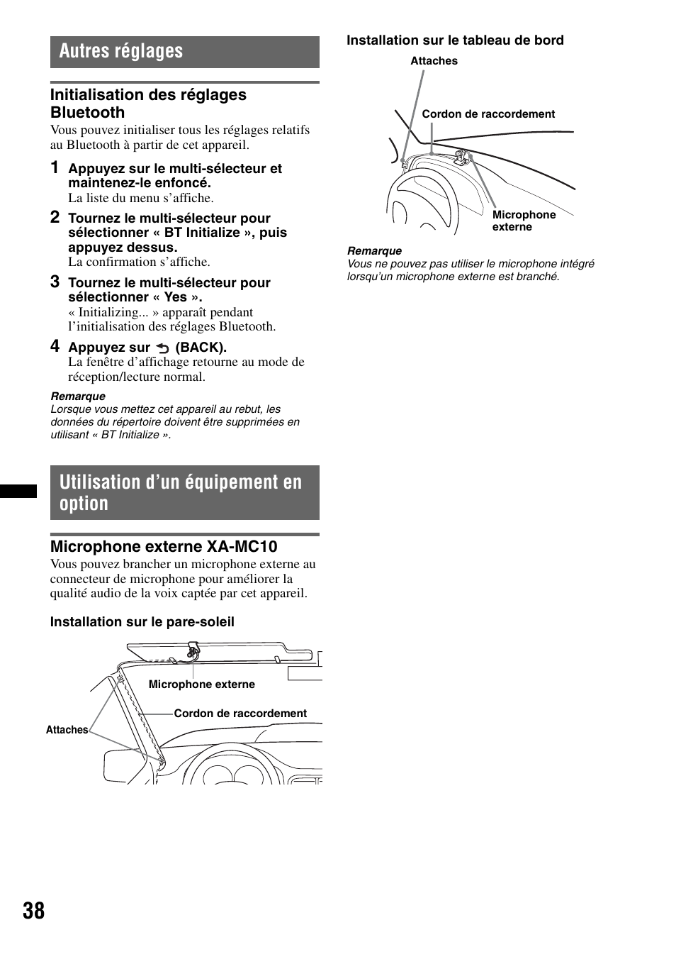 Autres réglages, Initialisation des réglages bluetooth, Utilisation d’un équipement en option | Microphone externe xa-mc10 | Sony DSX-S300BTX User Manual | Page 86 / 152