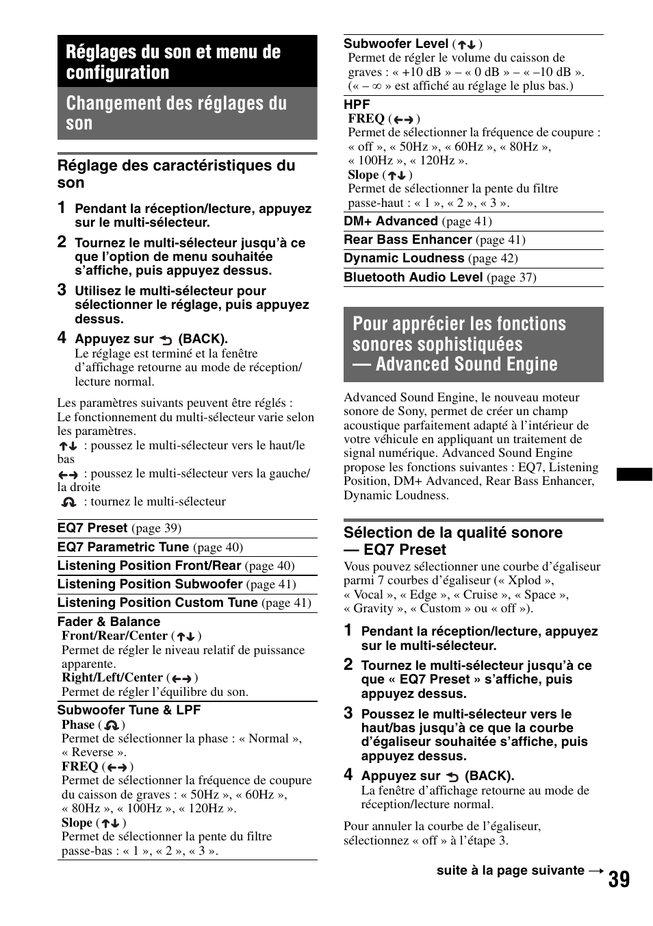 Réglages du son et menu de configuration, Changement des réglages du son, Réglage des caractéristiques du son | Sélection de la qualité sonore - eq7 preset, Sélection de la qualité sonore — eq7 preset | Sony DSX-S300BTX User Manual | Page 87 / 152