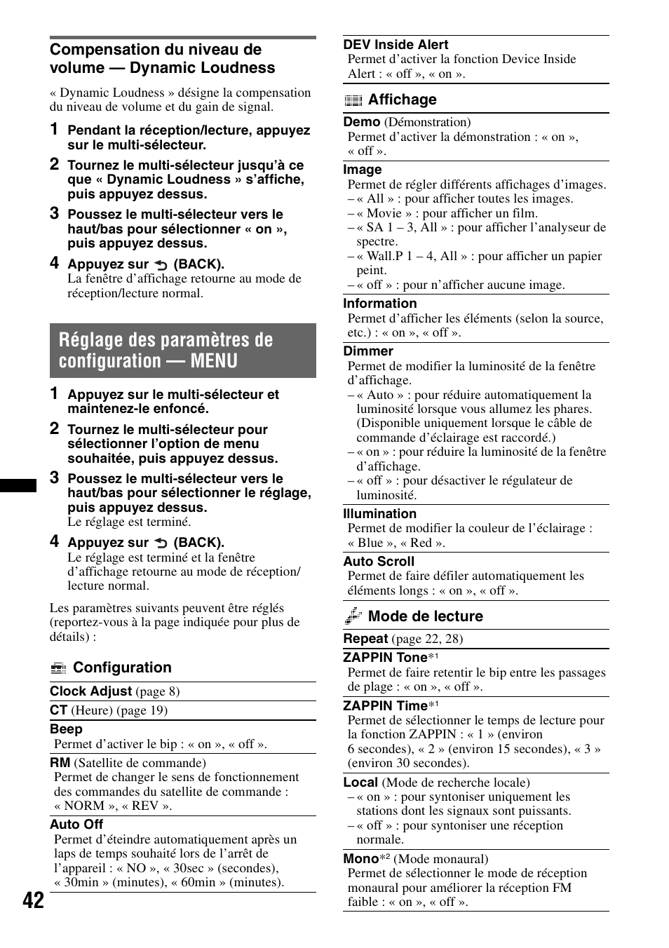 Réglage des paramètres de configuration - menu, Réglage des paramètres de configuration — menu | Sony DSX-S300BTX User Manual | Page 90 / 152