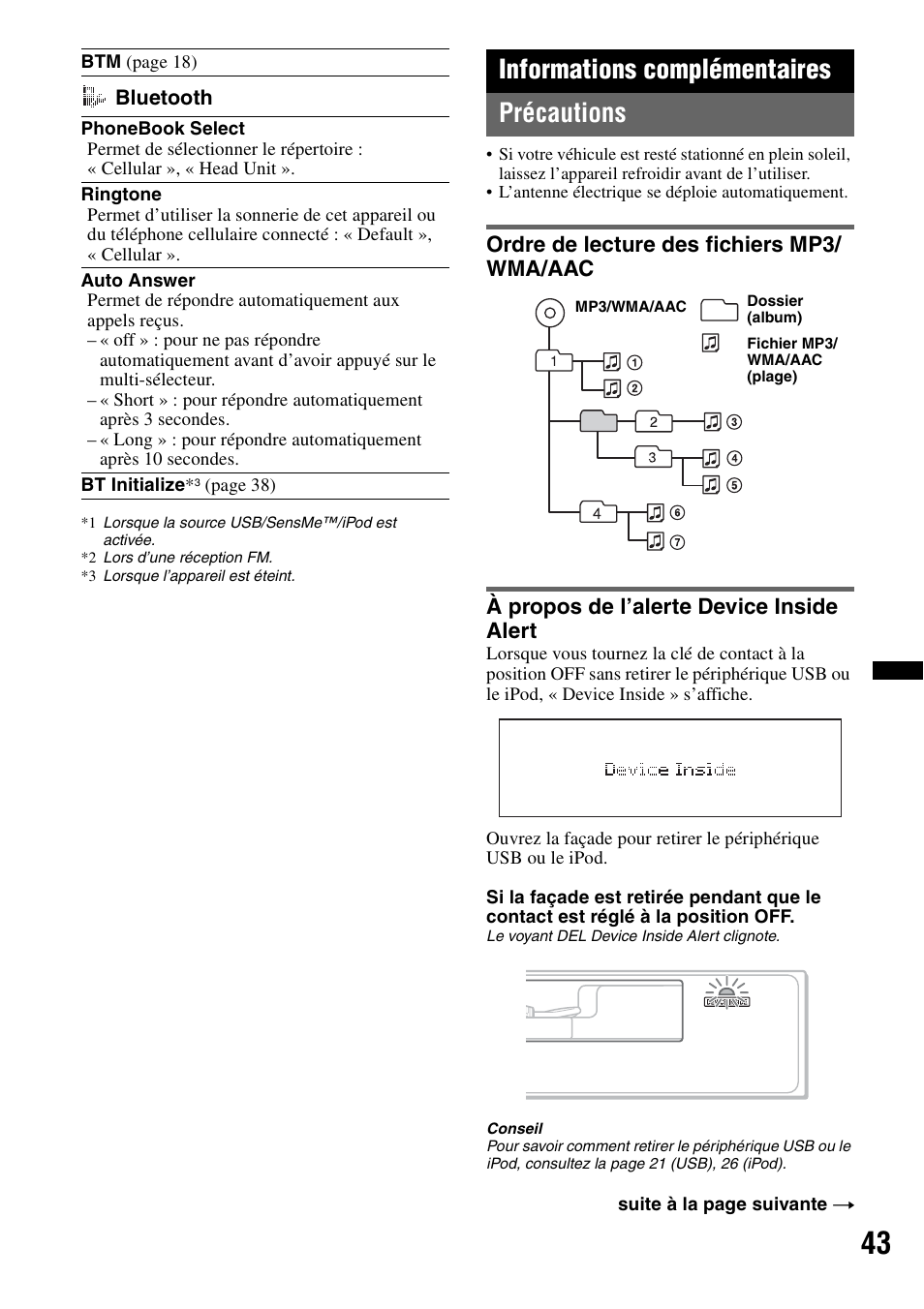 Informations complémentaires, Précautions, Ordre de lecture des fichiers mp3/ wma/aac | À propos de l’alerte device inside alert, Informations complémentaires précautions | Sony DSX-S300BTX User Manual | Page 91 / 152