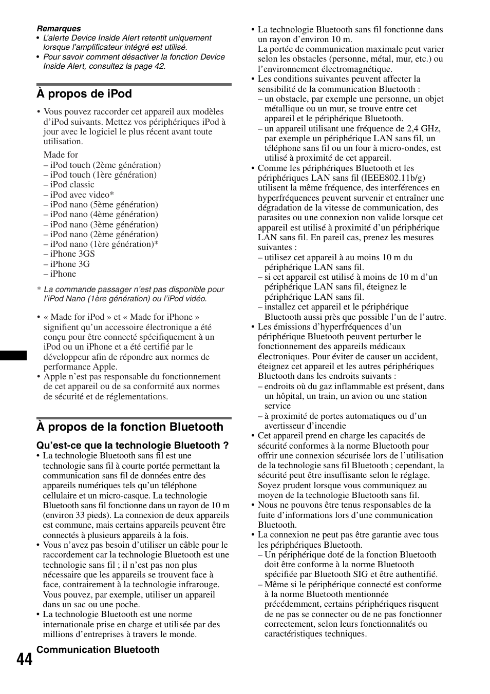 À propos de ipod, À propos de la fonction bluetooth, À propos de ipod à propos de la fonction bluetooth | Sony DSX-S300BTX User Manual | Page 92 / 152