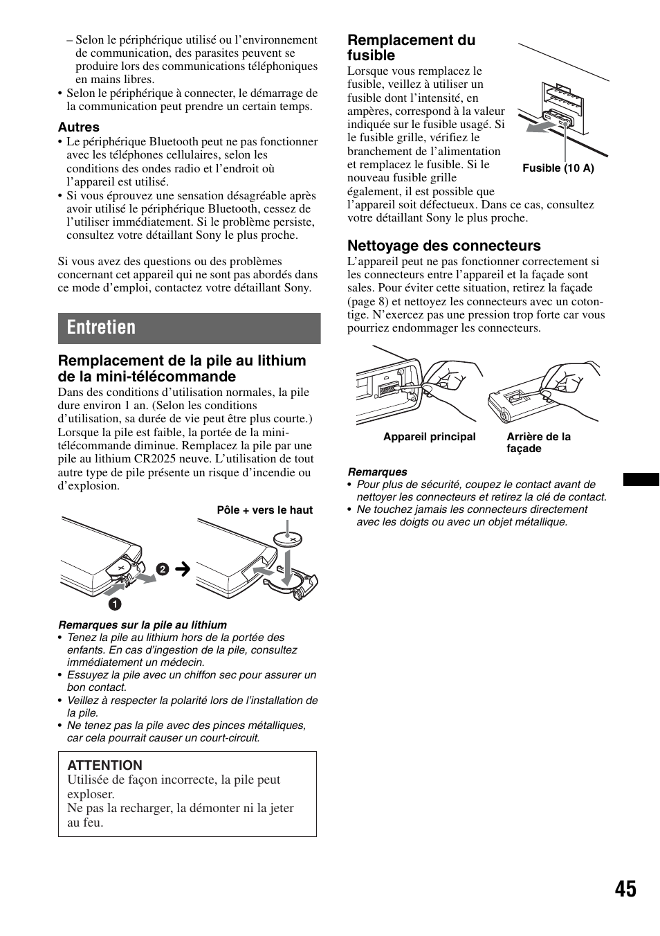 Entretien | Sony DSX-S300BTX User Manual | Page 93 / 152
