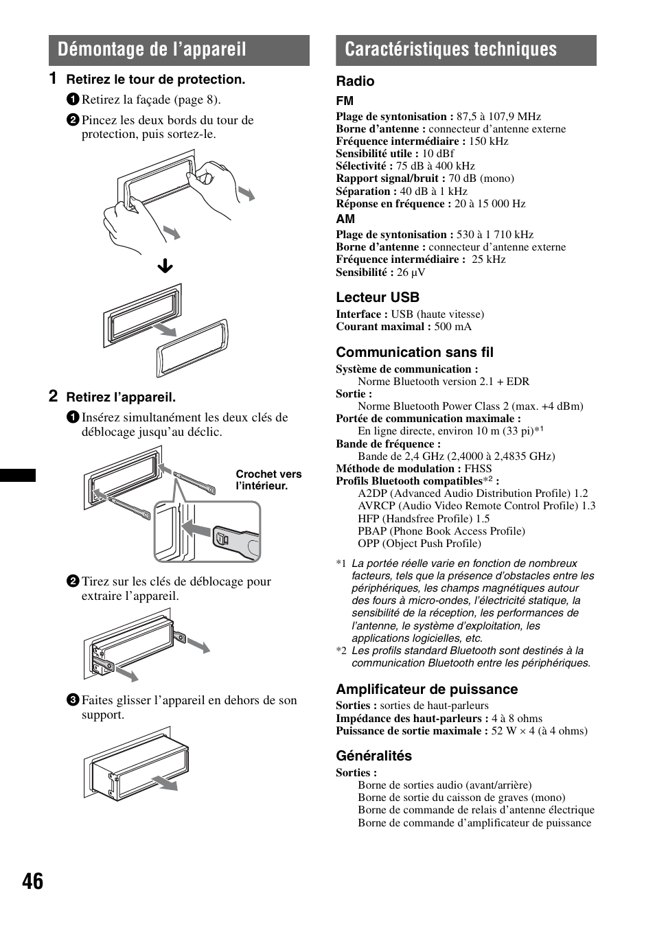 Démontage de l’appareil, Caractéristiques techniques | Sony DSX-S300BTX User Manual | Page 94 / 152