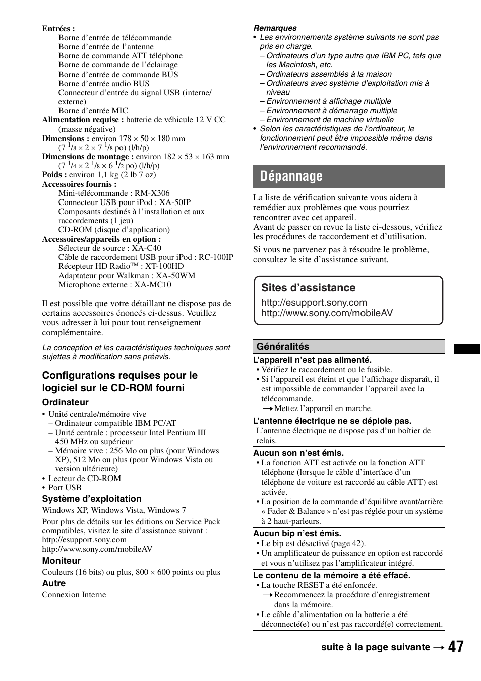 Dépannage, Sites d’assistance | Sony DSX-S300BTX User Manual | Page 95 / 152