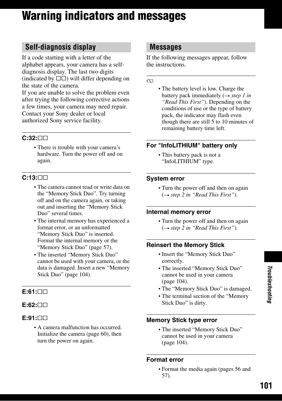 Warning indicators and messages, Self-diagnosis display messages | Sony DSC-T30 User Manual | Page 101 / 119