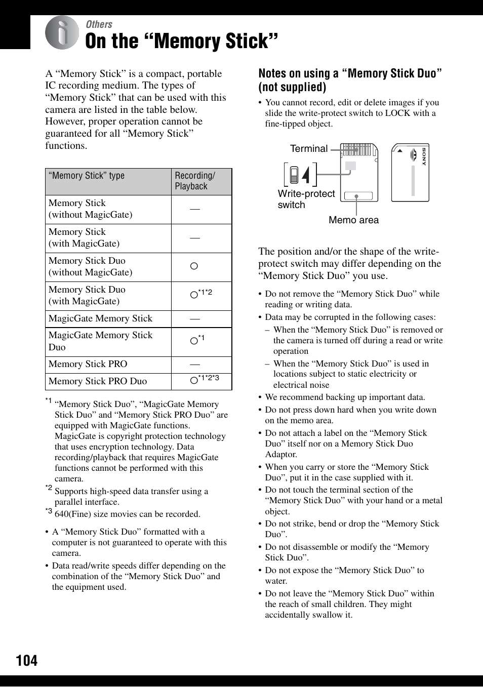 Others, On the “memory stick, K duo”, see | Sony DSC-T30 User Manual | Page 104 / 119