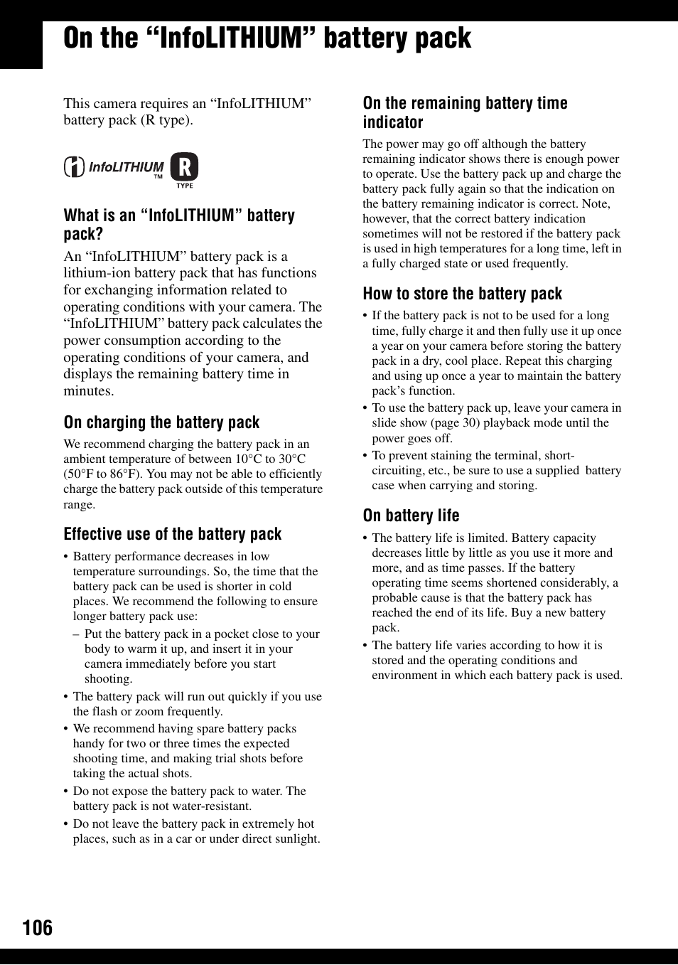On the “infolithium” battery pack | Sony DSC-T30 User Manual | Page 106 / 119