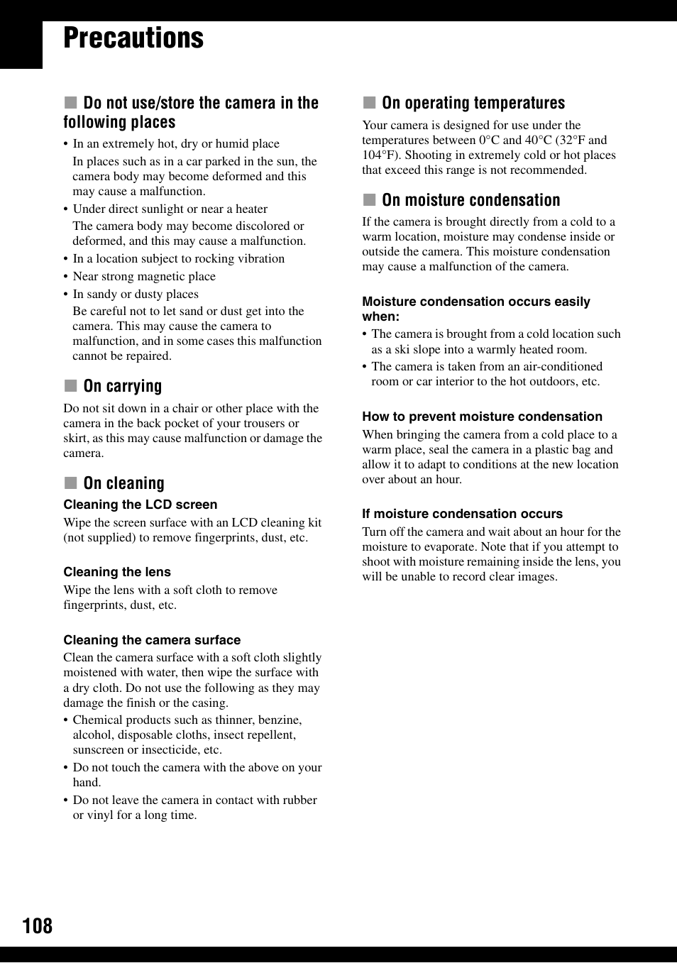 Precautions | Sony DSC-T30 User Manual | Page 108 / 119