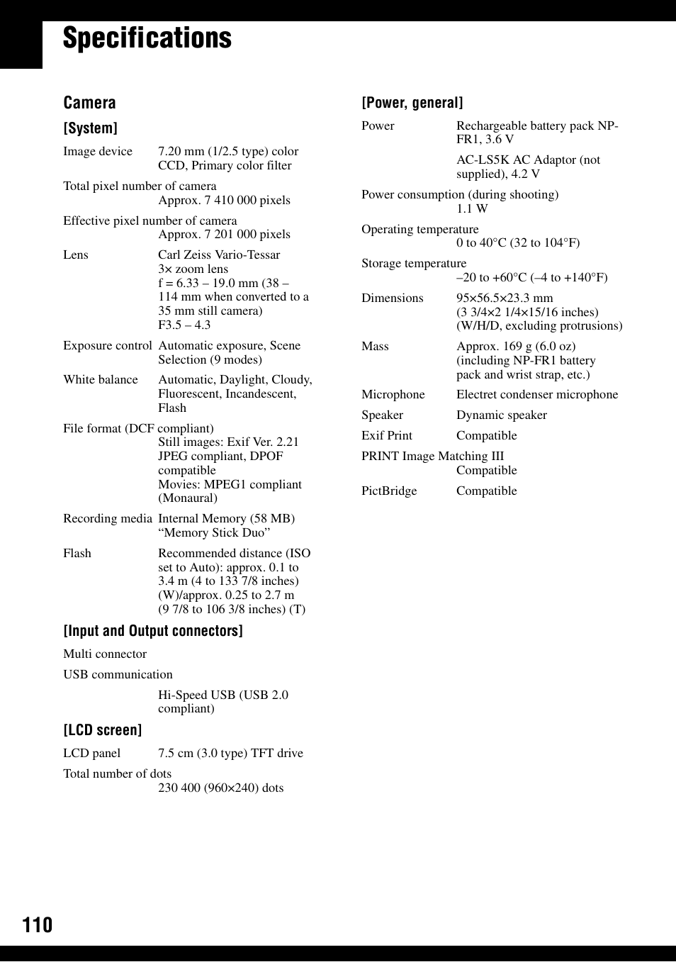 Specifications, Camera | Sony DSC-T30 User Manual | Page 110 / 119