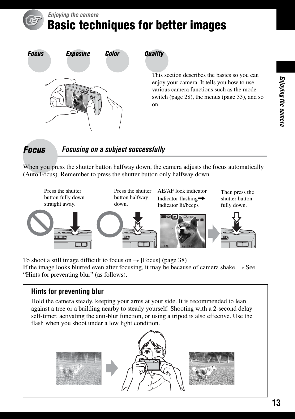 Enjoying the camera, Basic techniques for better images, Focus – focusing on a subject successfully | Focus | Sony DSC-T30 User Manual | Page 13 / 119