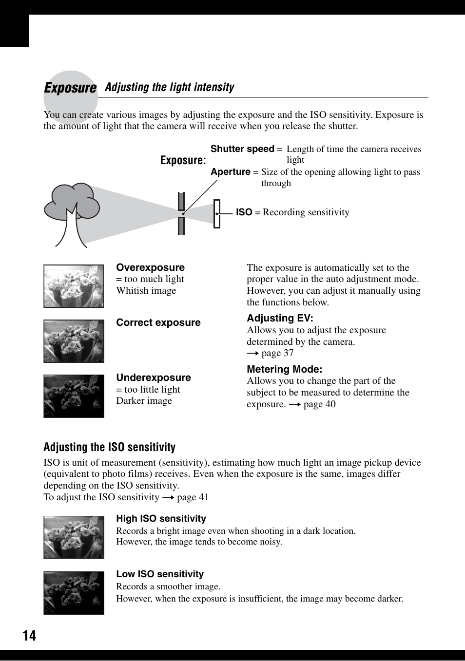 Exposure – adjusting the light intensity, Exposure | Sony DSC-T30 User Manual | Page 14 / 119