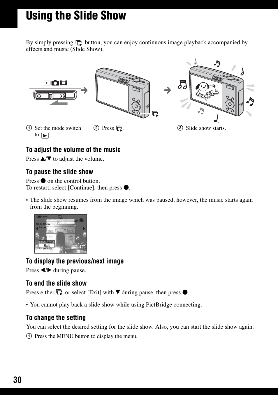 Using the slide show, Tton (30) | Sony DSC-T30 User Manual | Page 30 / 119