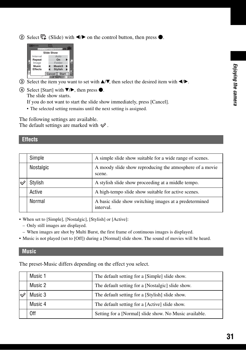 Effects, Music | Sony DSC-T30 User Manual | Page 31 / 119
