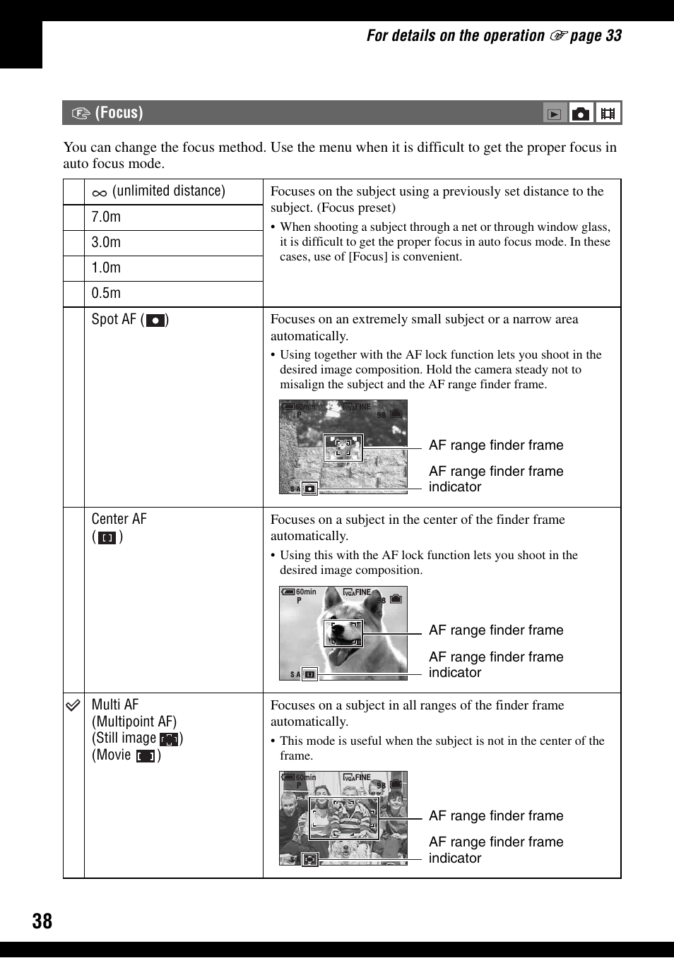 Focus), R (38), E (38) | Sony DSC-T30 User Manual | Page 38 / 119