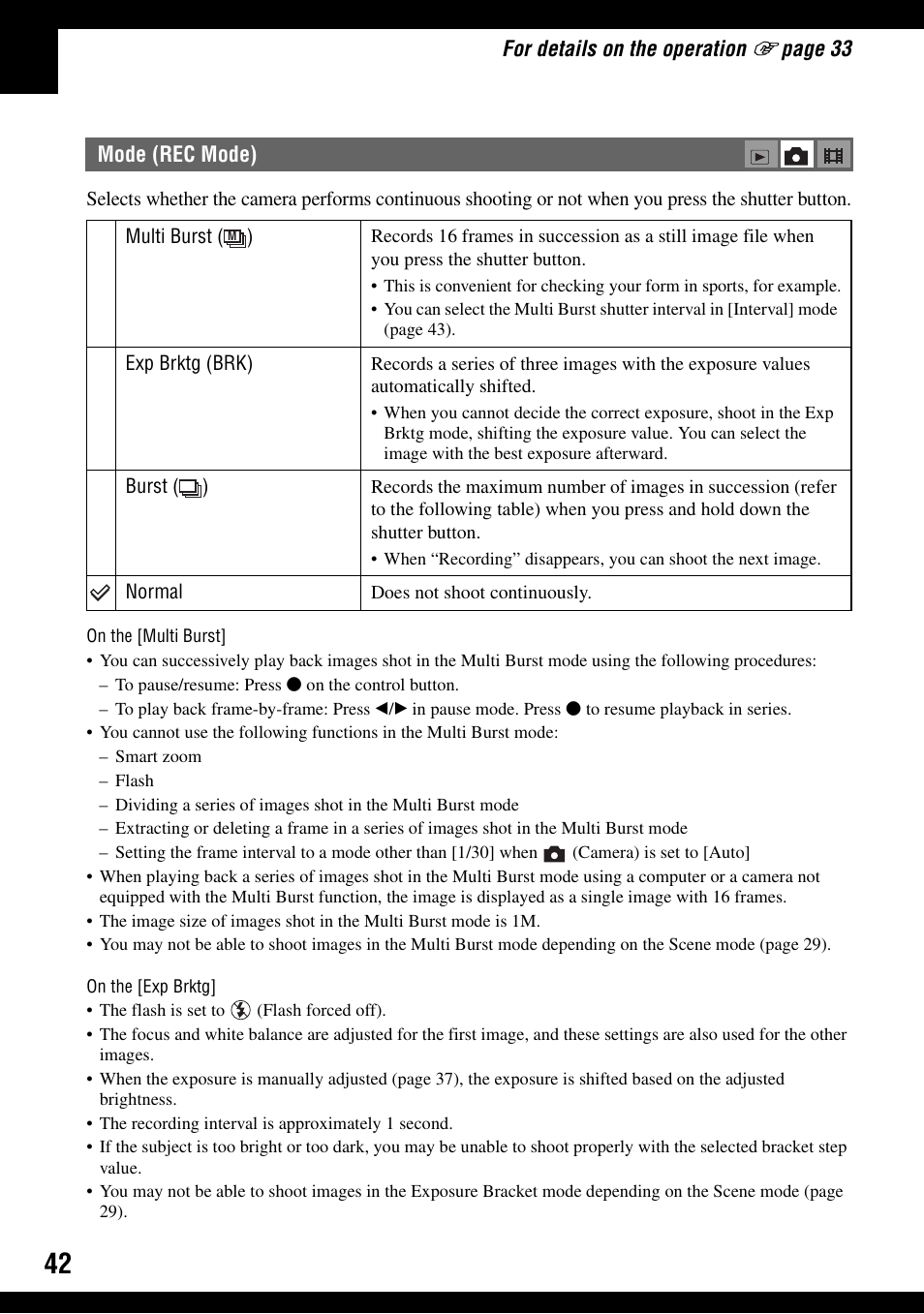 Mode (rec mode) | Sony DSC-T30 User Manual | Page 42 / 119