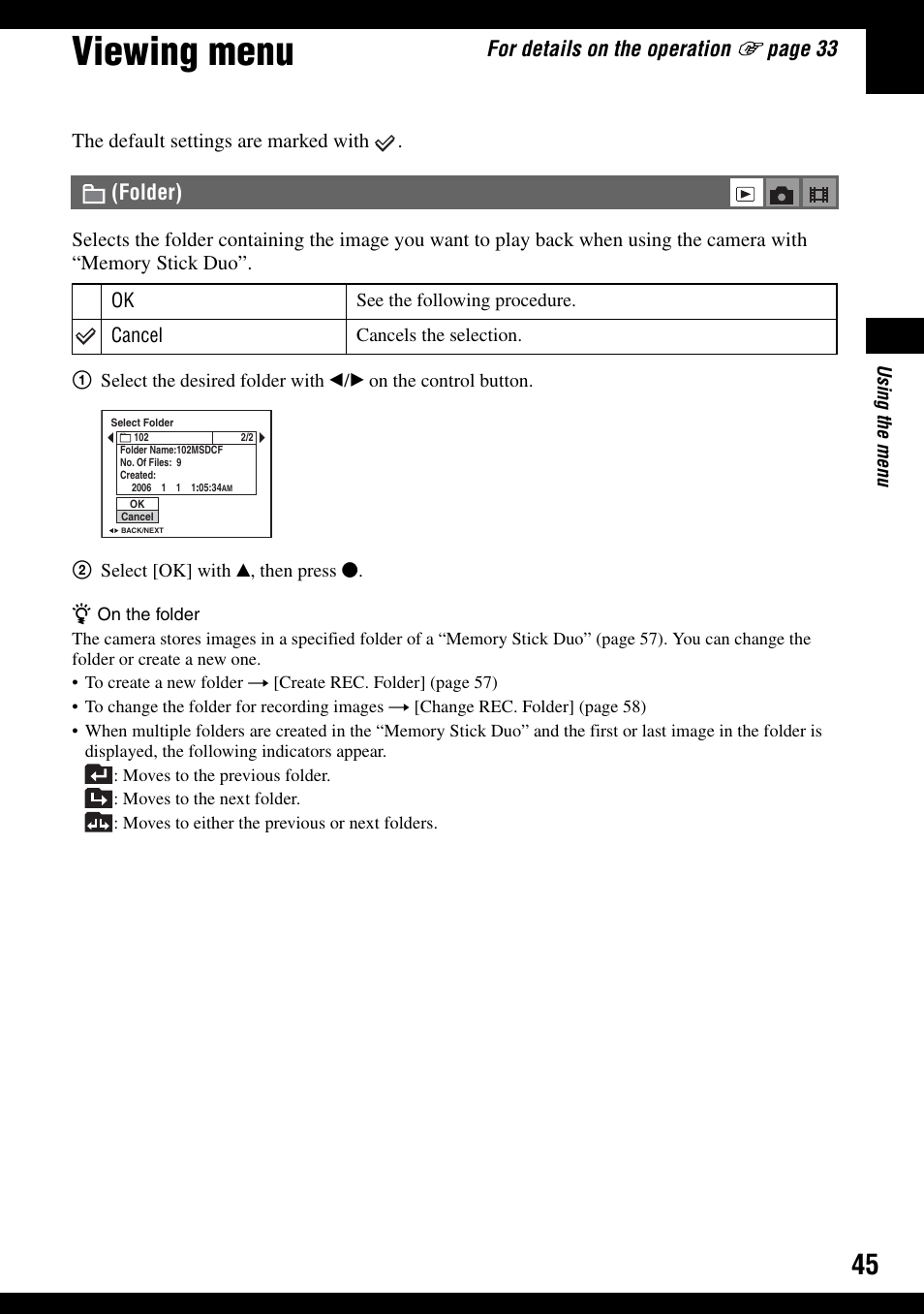 Viewing menu, Folder), For details on the operation | Pag e 33 | Sony DSC-T30 User Manual | Page 45 / 119