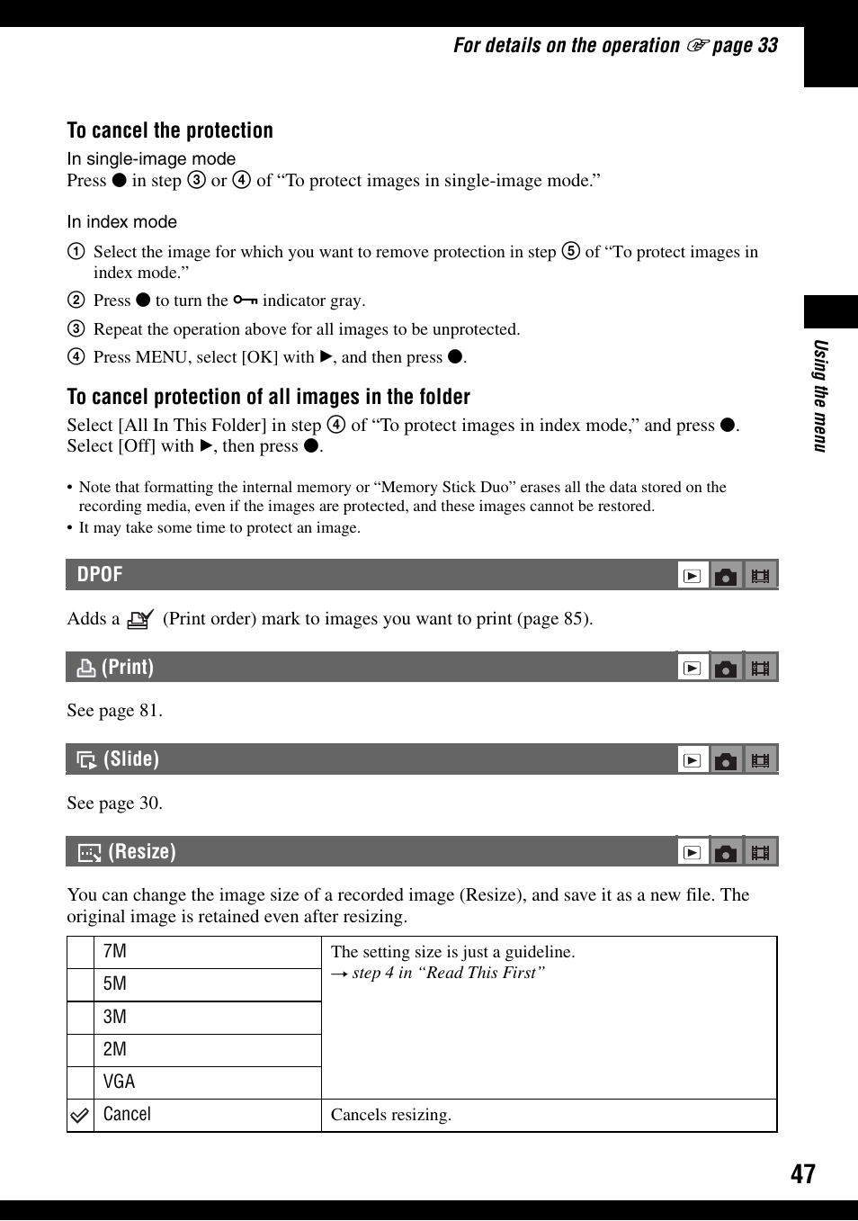 Dpof, Print), Slide) | Resize) | Sony DSC-T30 User Manual | Page 47 / 119