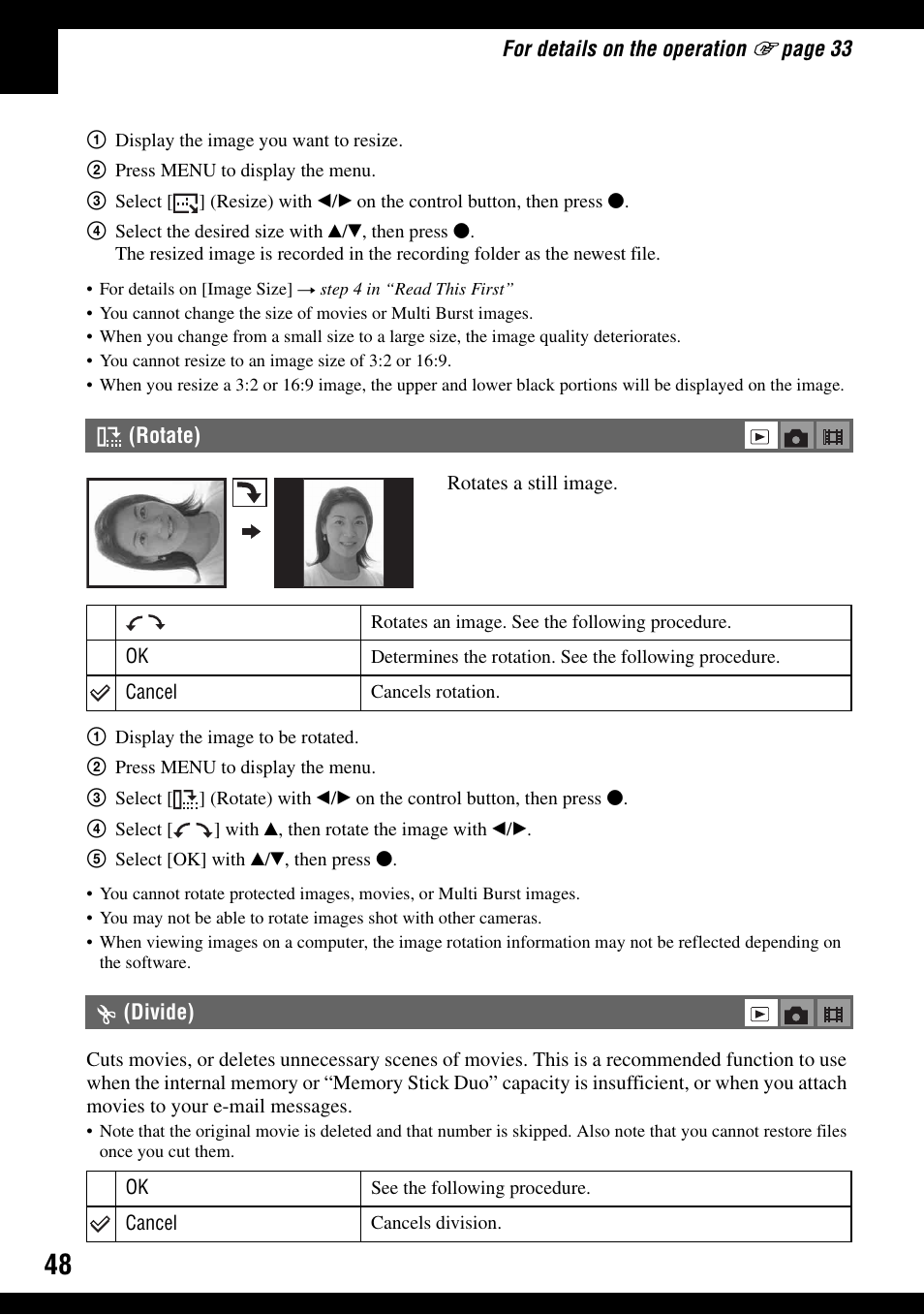 Rotate), Divide) | Sony DSC-T30 User Manual | Page 48 / 119