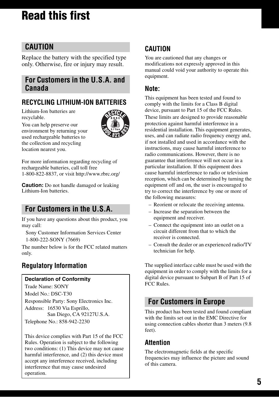 Read this first, For customers in europe | Sony DSC-T30 User Manual | Page 5 / 119