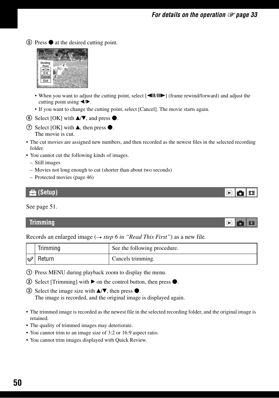 Trimming, For details on the operation, Page 33 | Setup) trimming | Sony DSC-T30 User Manual | Page 50 / 119