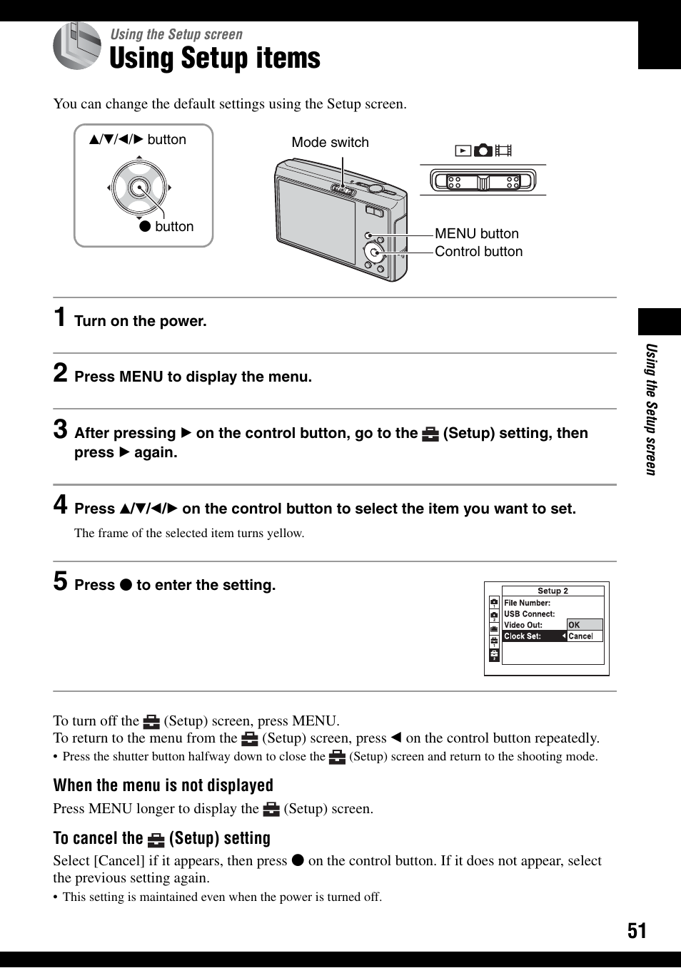 Using the setup screen, Using setup items, Ings | Sony DSC-T30 User Manual | Page 51 / 119