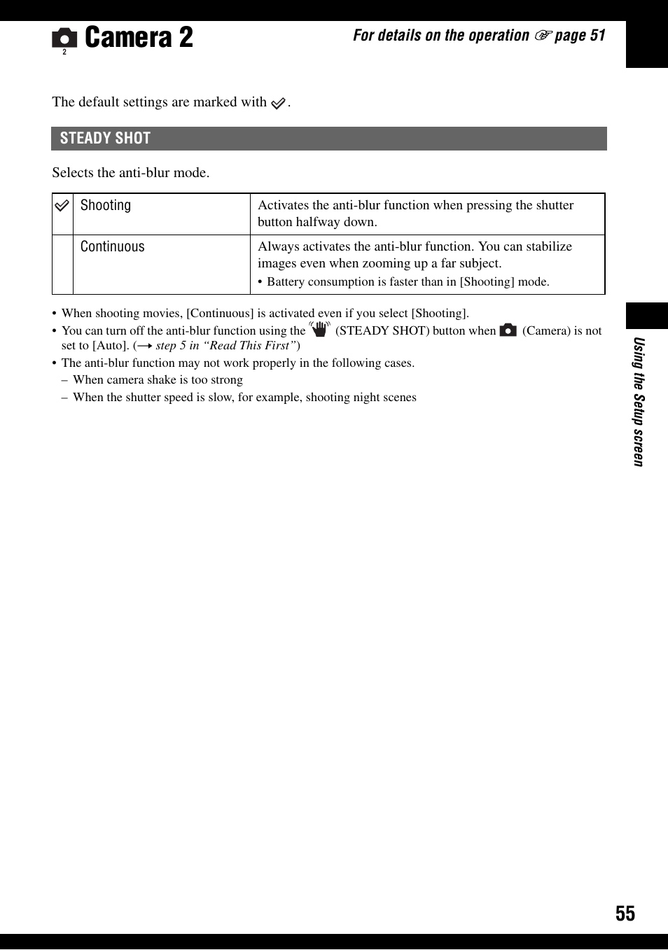 Camera 2, Steady shot | Sony DSC-T30 User Manual | Page 55 / 119