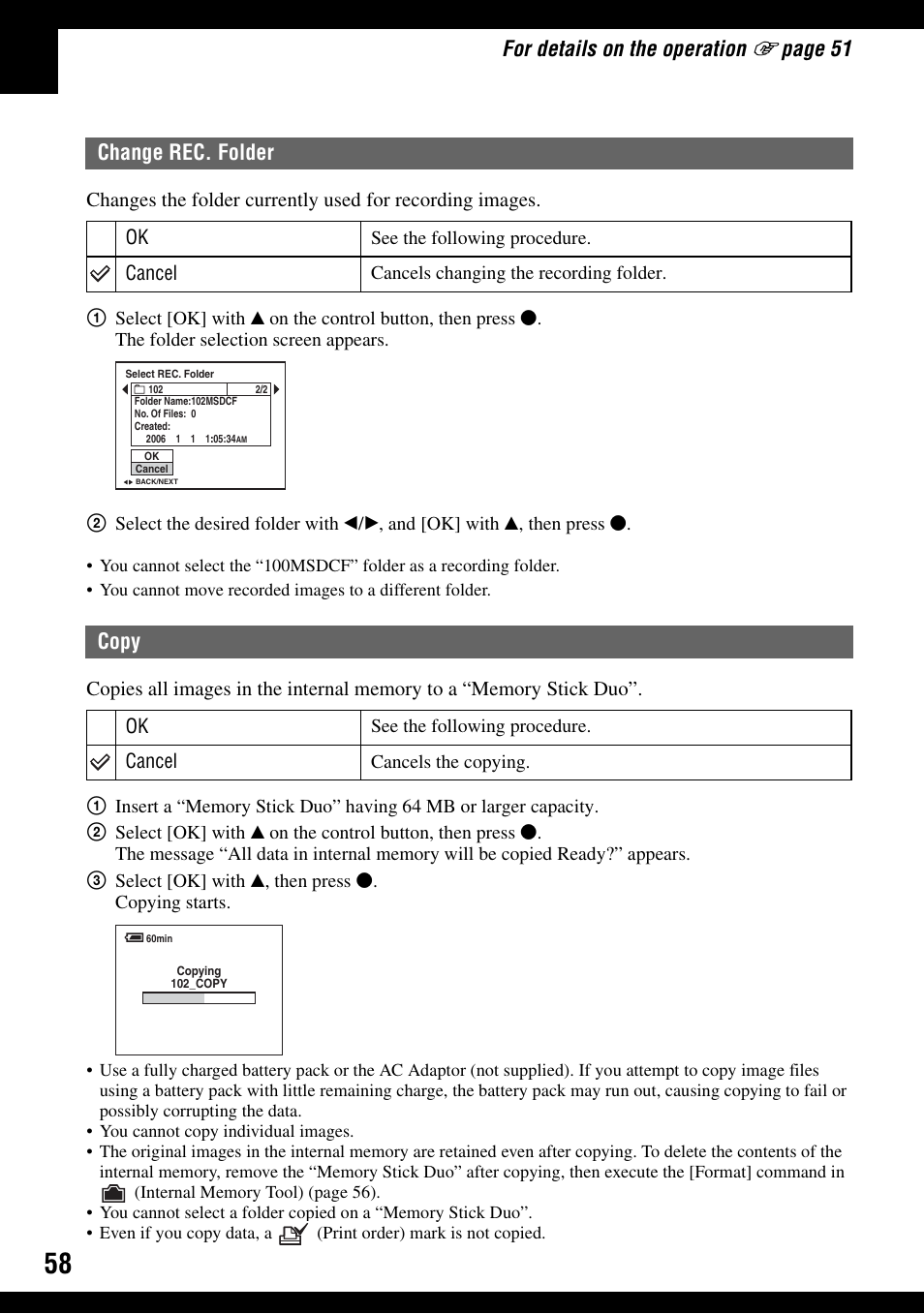 Change rec. folder copy, For details on the operation, Page 51 | Change rec. folder, Copy | Sony DSC-T30 User Manual | Page 58 / 119