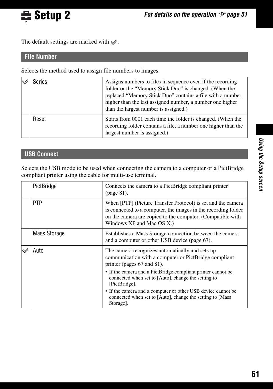 Setup 2, File number usb connect | Sony DSC-T30 User Manual | Page 61 / 119