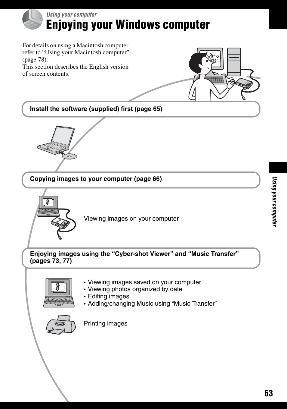 Using your computer, Enjoying your windows computer | Sony DSC-T30 User Manual | Page 63 / 119