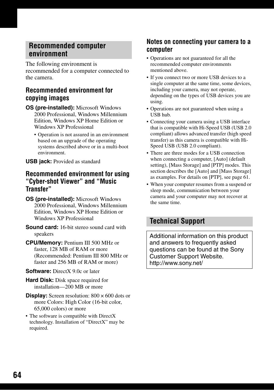 Recommended computer environment technical support | Sony DSC-T30 User Manual | Page 64 / 119