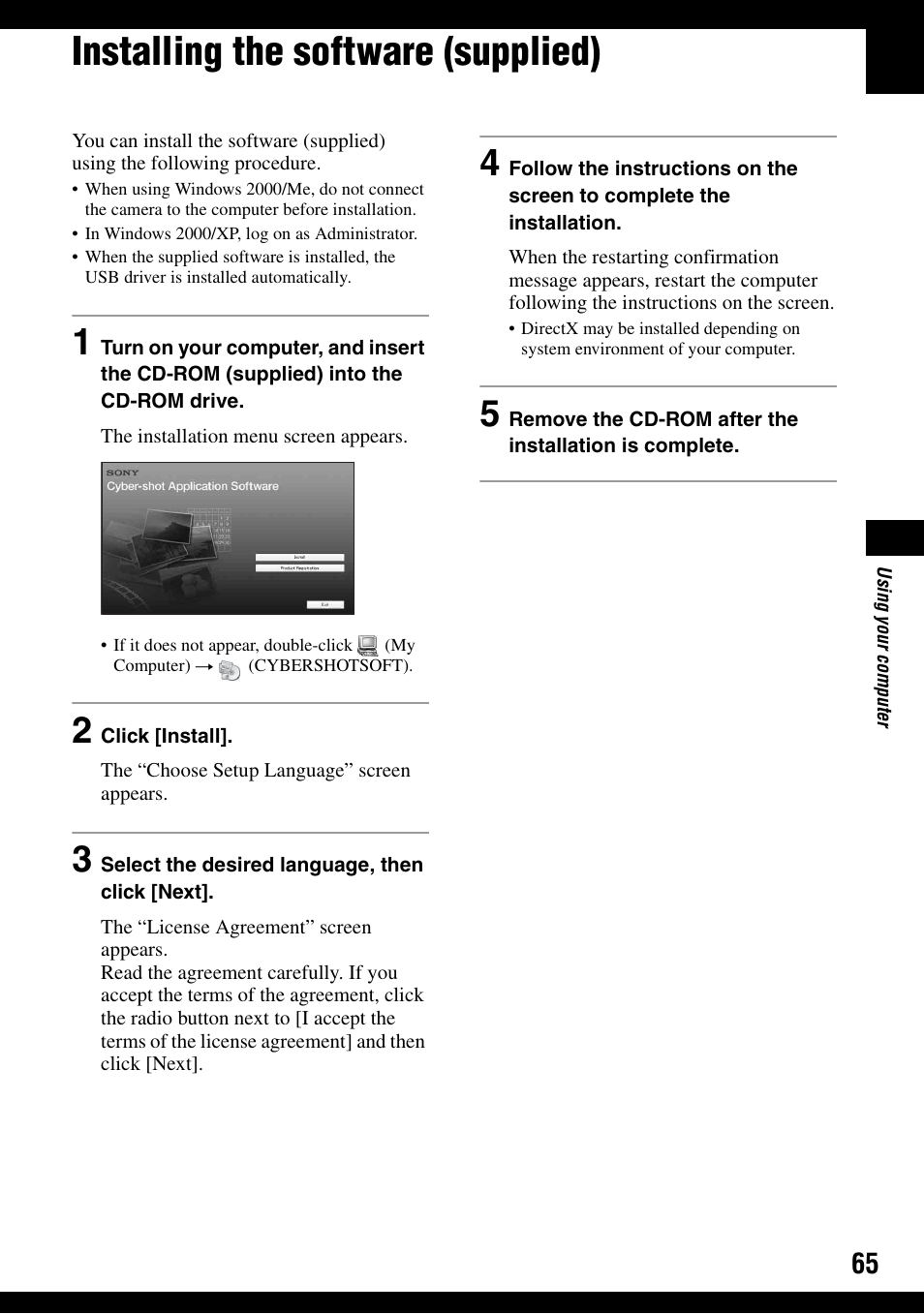 Installing the software (supplied) | Sony DSC-T30 User Manual | Page 65 / 119