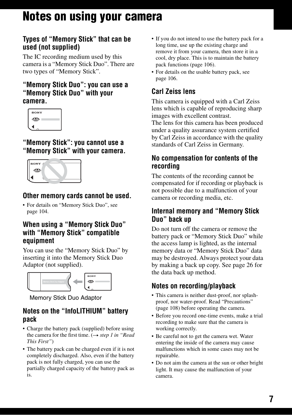 Notes on using your camera | Sony DSC-T30 User Manual | Page 7 / 119