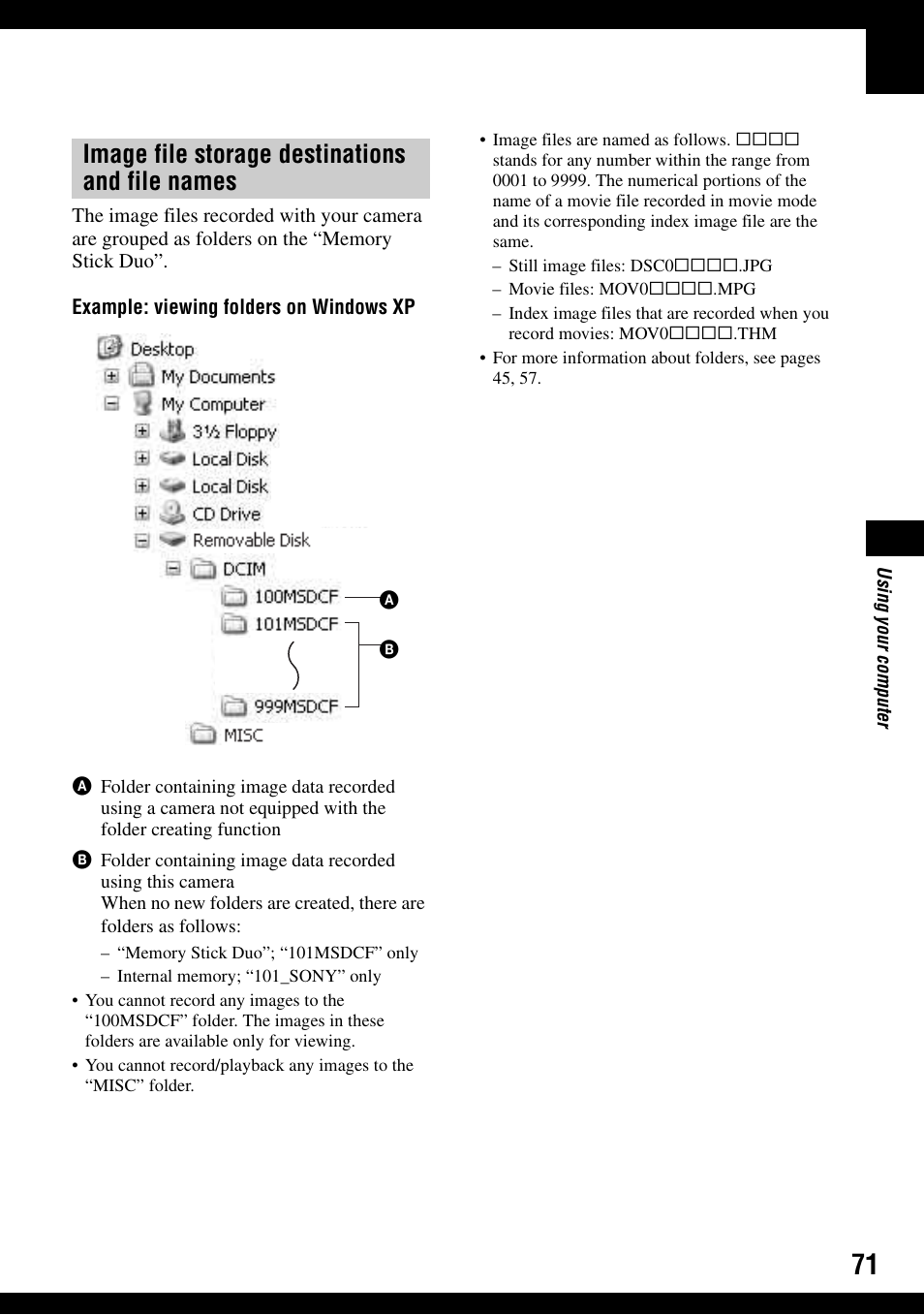 Image file storage destinations and file names | Sony DSC-T30 User Manual | Page 71 / 119