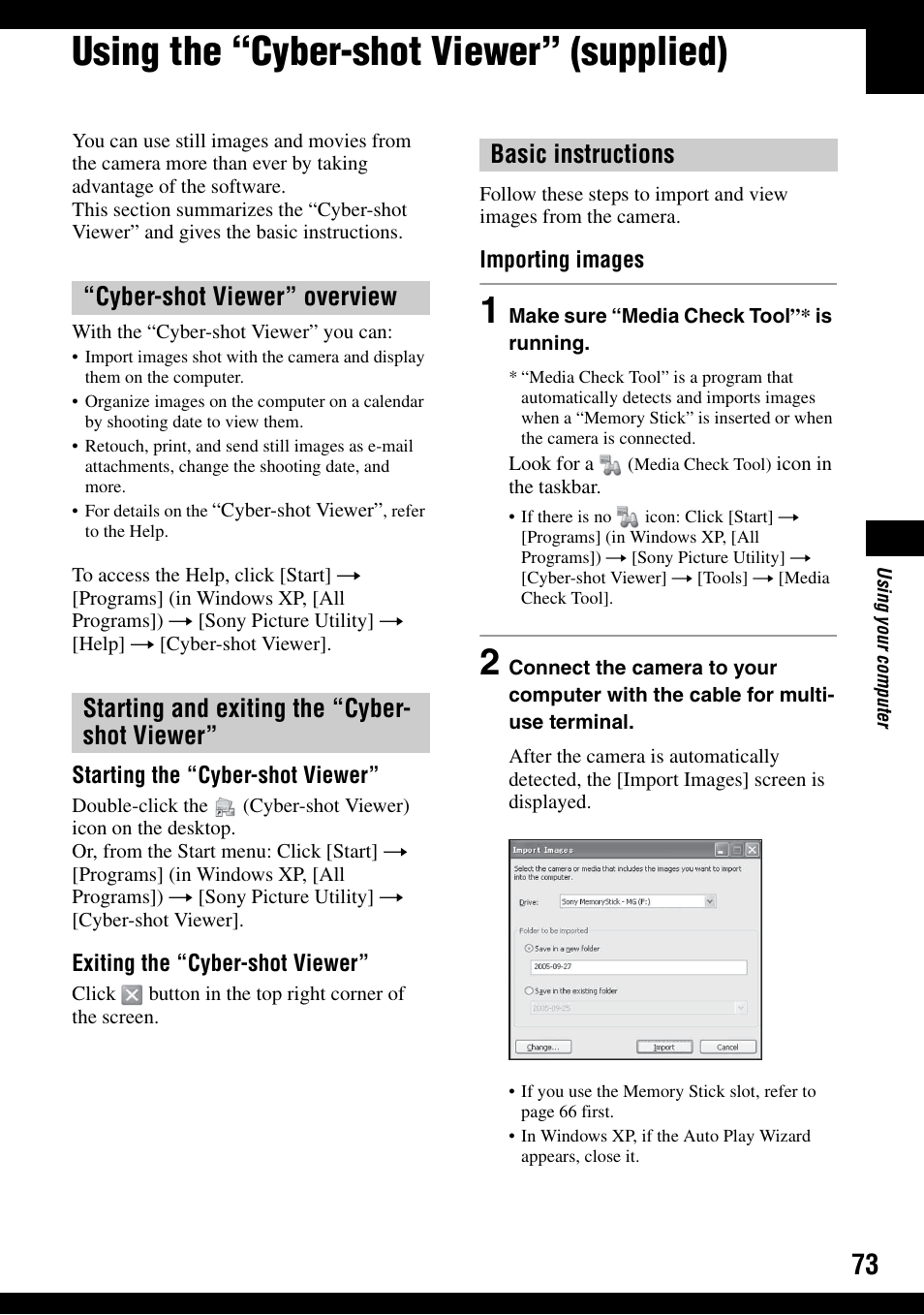 Using the “cyber-shot viewer” (supplied), Es 73, 77) | Sony DSC-T30 User Manual | Page 73 / 119