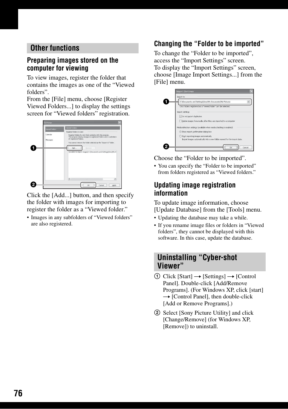 Other functions, Uninstalling “cyber-shot viewer | Sony DSC-T30 User Manual | Page 76 / 119