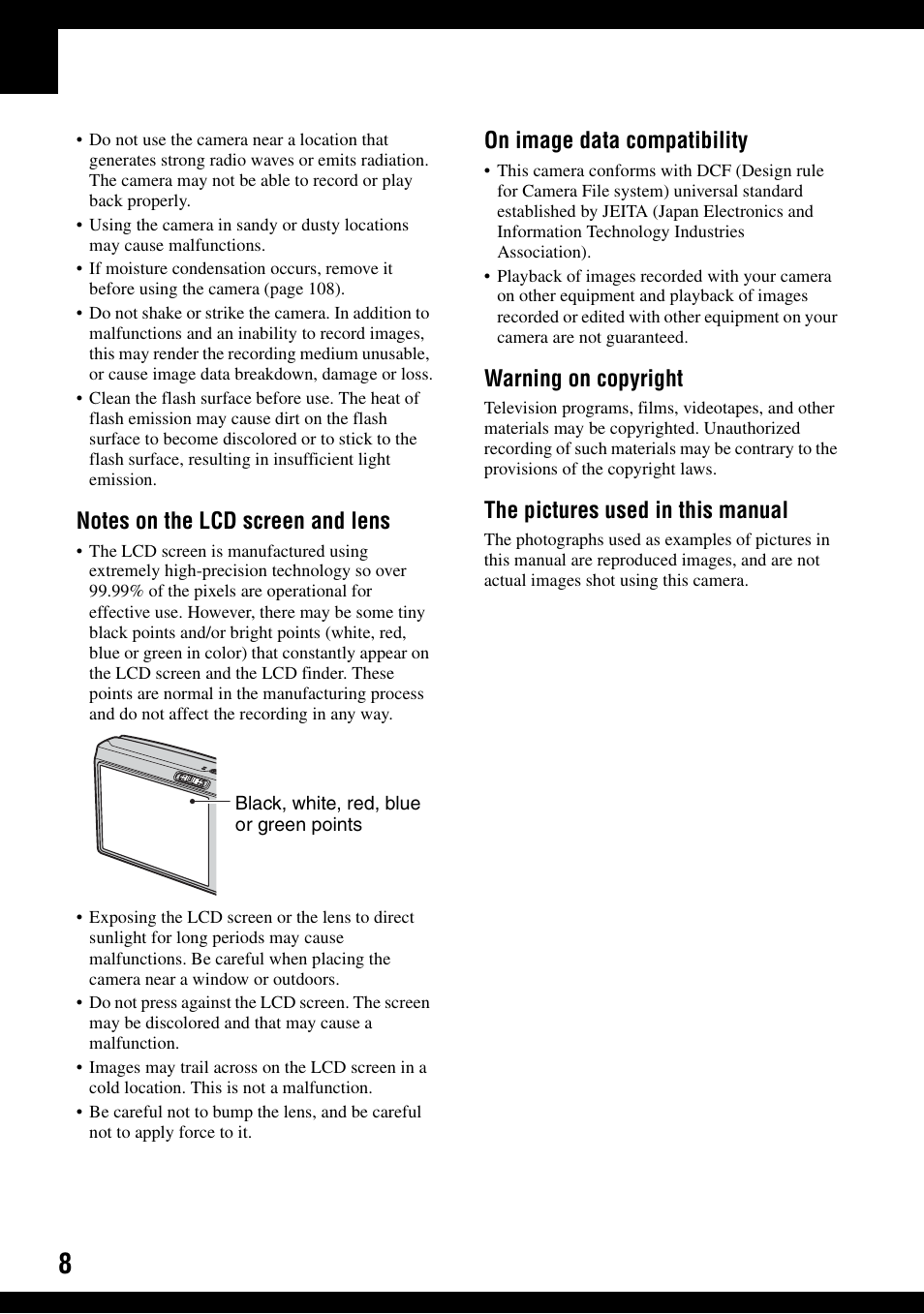 On image data compatibility, Warning on copyright, The pictures used in this manual | Sony DSC-T30 User Manual | Page 8 / 119