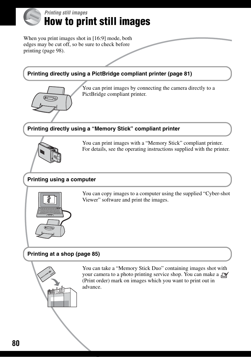 Printing still images, How to print still images | Sony DSC-T30 User Manual | Page 80 / 119