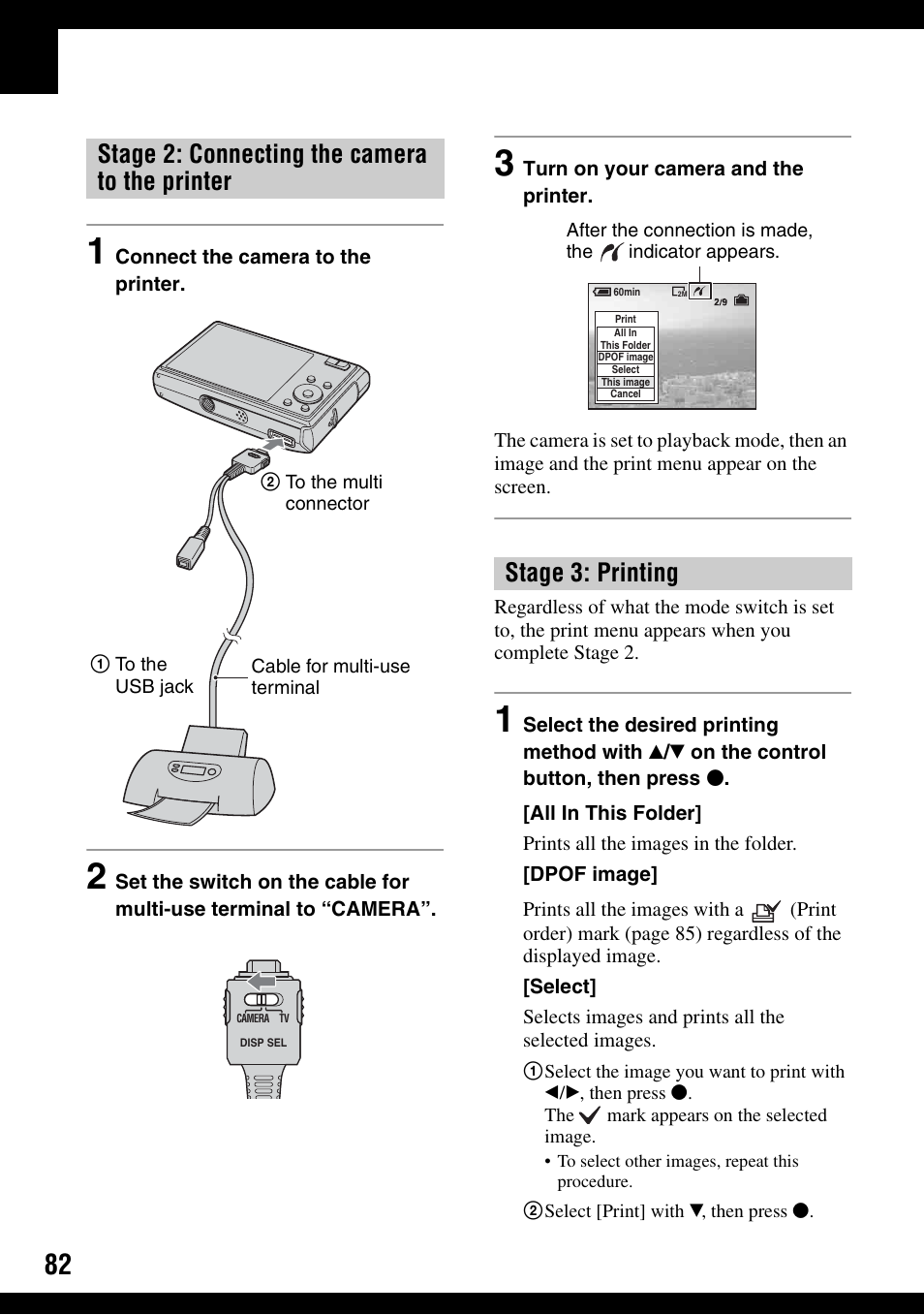 Ng (82), Stage 2: connecting the camera to the printer, Stage 3: printing | Sony DSC-T30 User Manual | Page 82 / 119