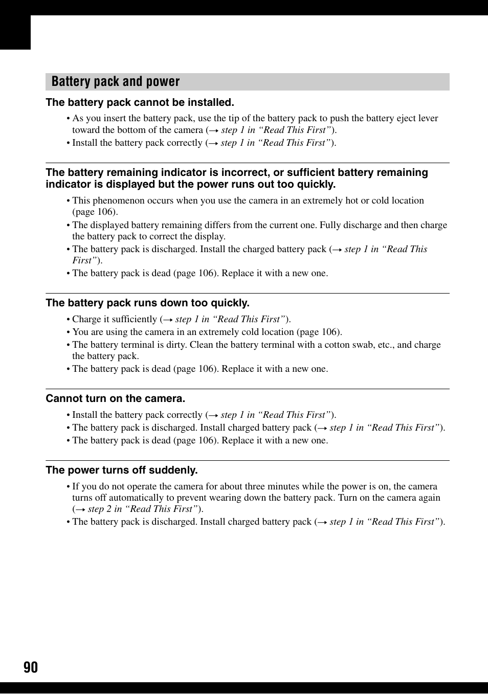 Battery pack and power | Sony DSC-T30 User Manual | Page 90 / 119